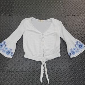 Hollister Embroidered Boho Tie Front Top XS White Bell Sleeve Blouse
